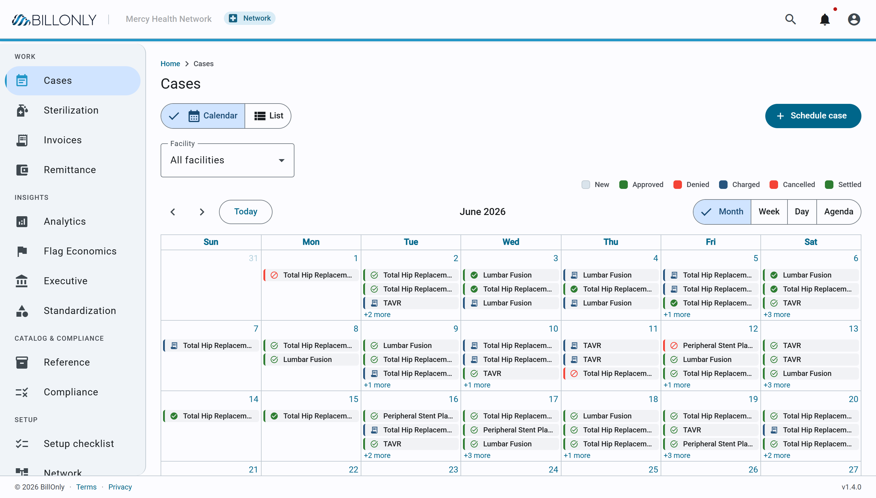 BillOnly case calendar showing a month of scheduled bill-only cases with vendors and statuses