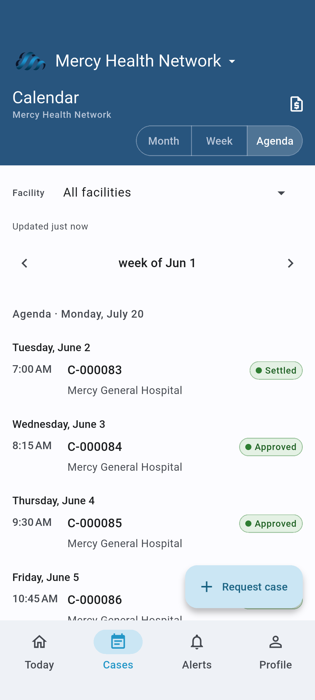 BillOnly mobile app showing a vendor rep's assigned cases